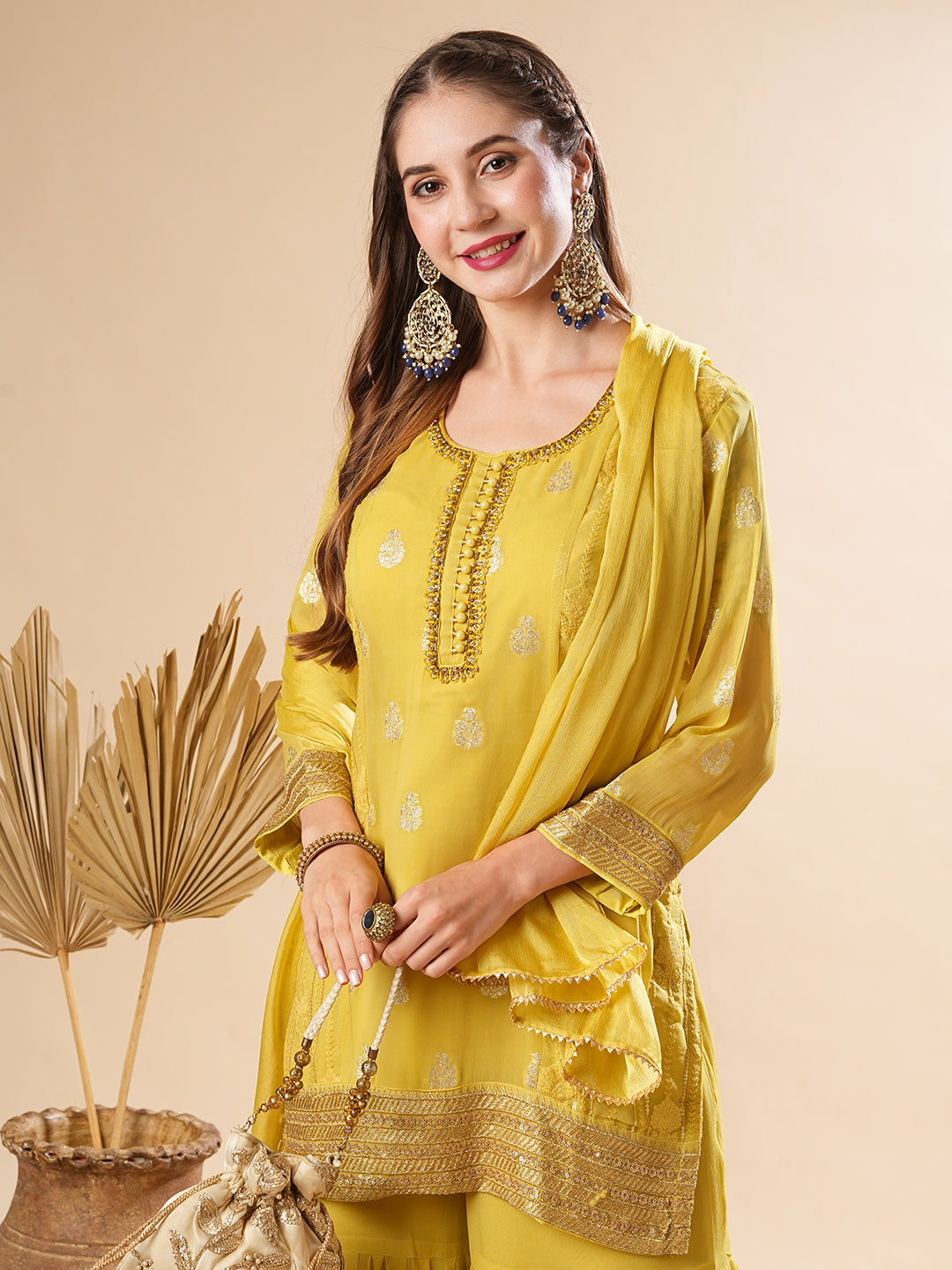 Solid Zardozi & Embroidered Straight Kurti with Sharara & Dupatta -Yellow