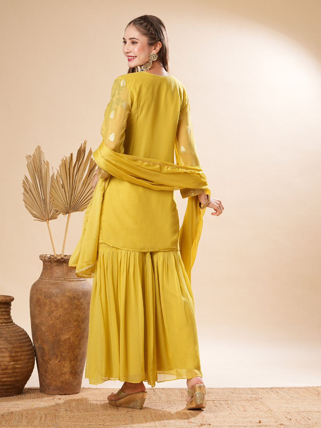 Solid Zardozi & Embroidered Straight Kurti with Sharara & Dupatta -Yellow