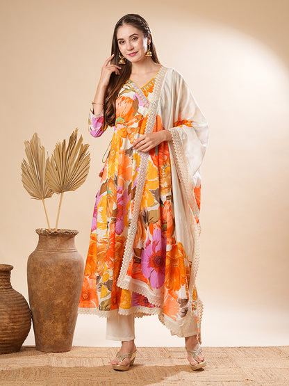 Floral Printed Beads & Resham Embroidered Anarkali Kurta with Pants & Dupatta - Multi