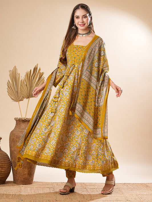 Floral Printed Mirror & Beads Embroidered Anarkali Kurta with Pants & Dupatta - Olive