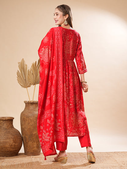 Floral Printed Aari Embroidered Pleated Kurta with Pants & Dupatta - Red