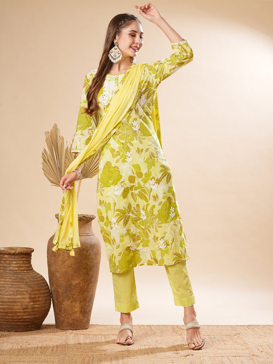 Floral Printed Resham Embroidered Mul Cotton Kurta with Pants & Dupatta - Green