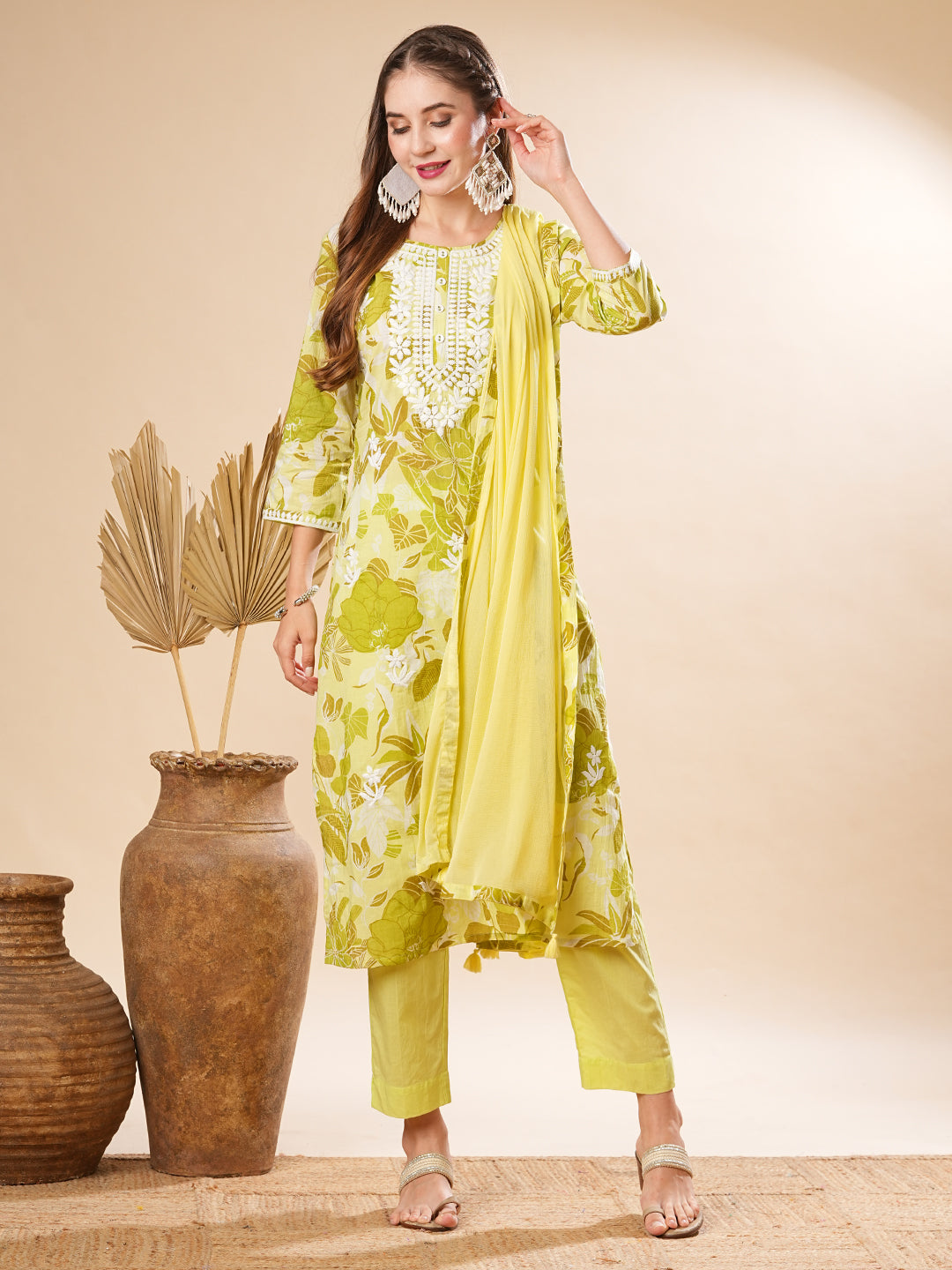 Floral Printed Resham Embroidered Mul Cotton Kurta with Pants & Dupatta - Green