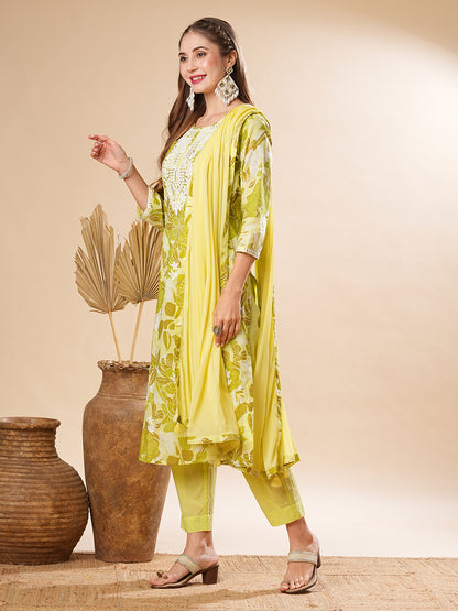 Floral Printed Resham Embroidered Mul Cotton Kurta with Pants & Dupatta - Green