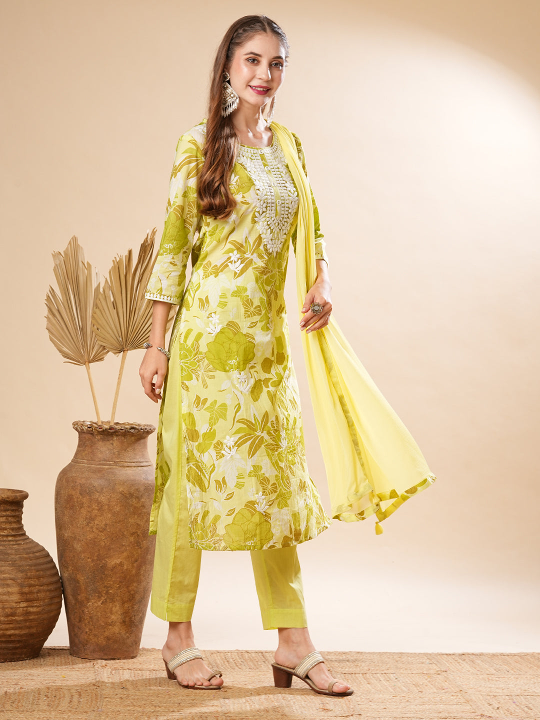 Floral Printed Resham Embroidered Mul Cotton Kurta with Pants & Dupatta - Green