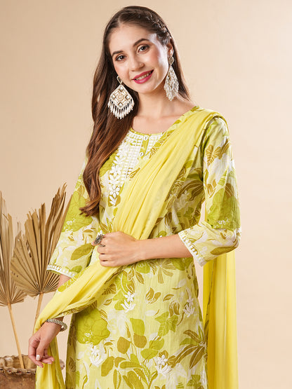 Floral Printed Resham Embroidered Mul Cotton Kurta with Pants & Dupatta - Green