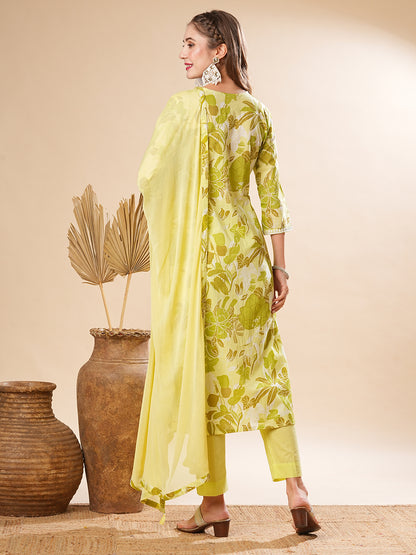 Floral Printed Resham Embroidered Mul Cotton Kurta with Pants & Dupatta - Green