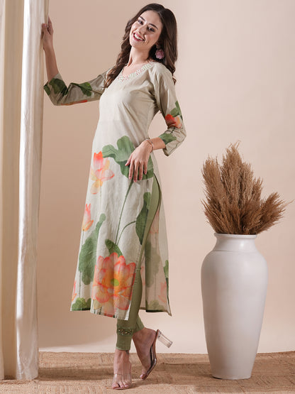Floral Printed Sequins Embellished Kurta - Powder Green