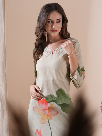 Floral Printed Sequins Embellished Kurta - Powder Green