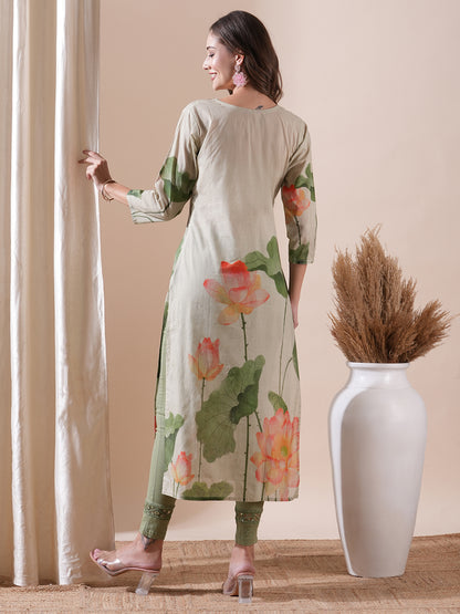 Floral Printed Sequins Embellished Kurta - Powder Green