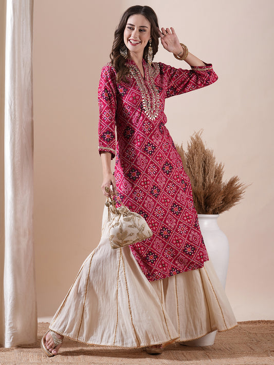 Ethnic Bandhani Printed Mirror & Zari Embroidered Kurta - Pink