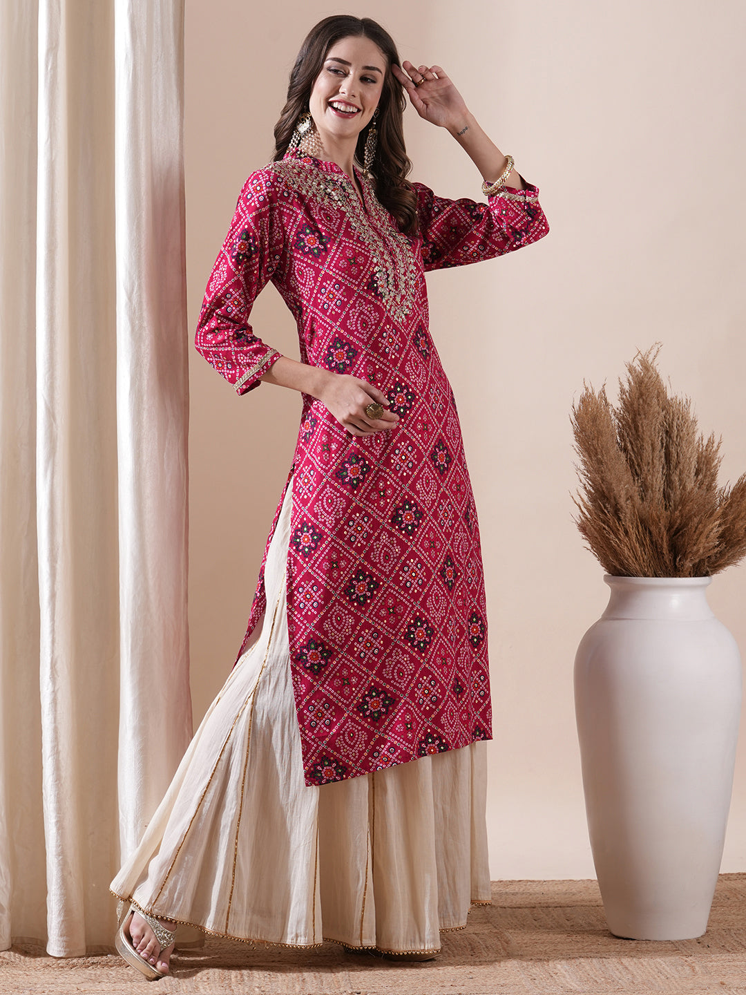 Ethnic Bandhani Printed Mirror & Zari Embroidered Kurta - Pink