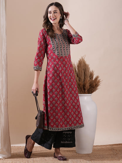 Floral & Ethnic Block Printed A-line Kurta - Red