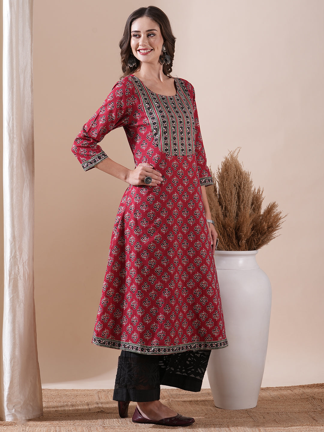 Floral & Ethnic Block Printed A-line Kurta - Red