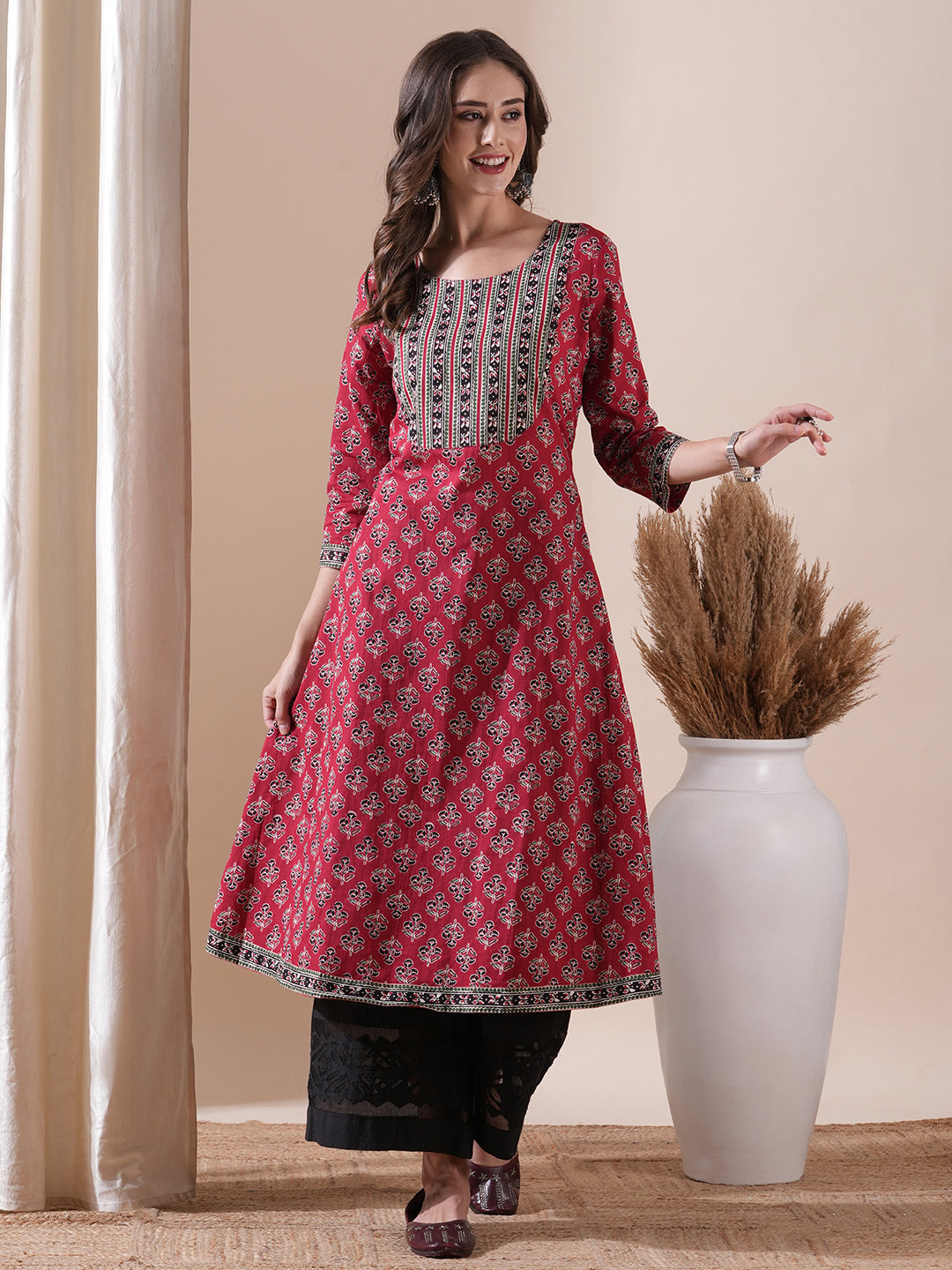 Floral & Ethnic Block Printed A-line Kurta - Red