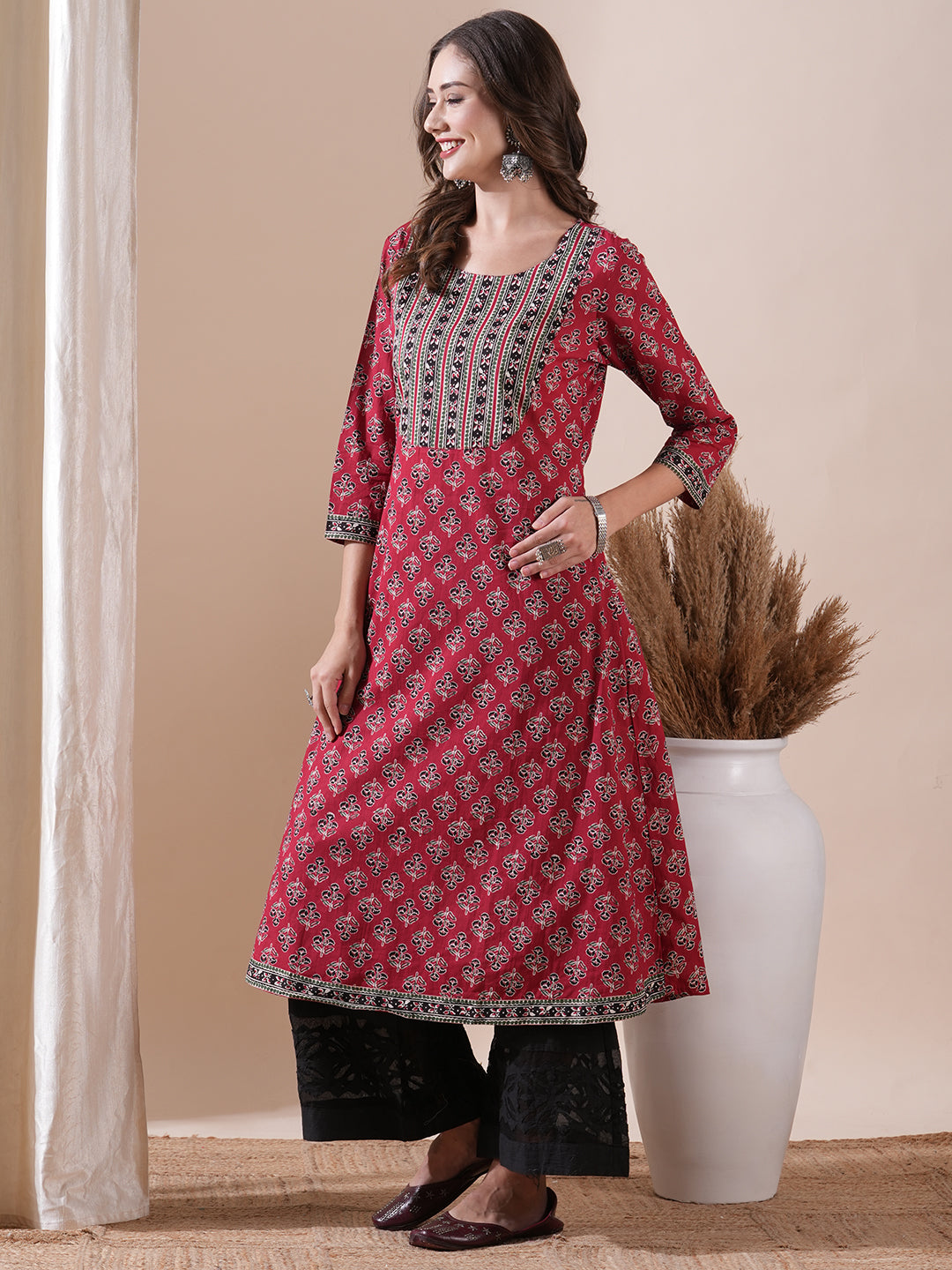 Floral & Ethnic Block Printed A-line Kurta - Red