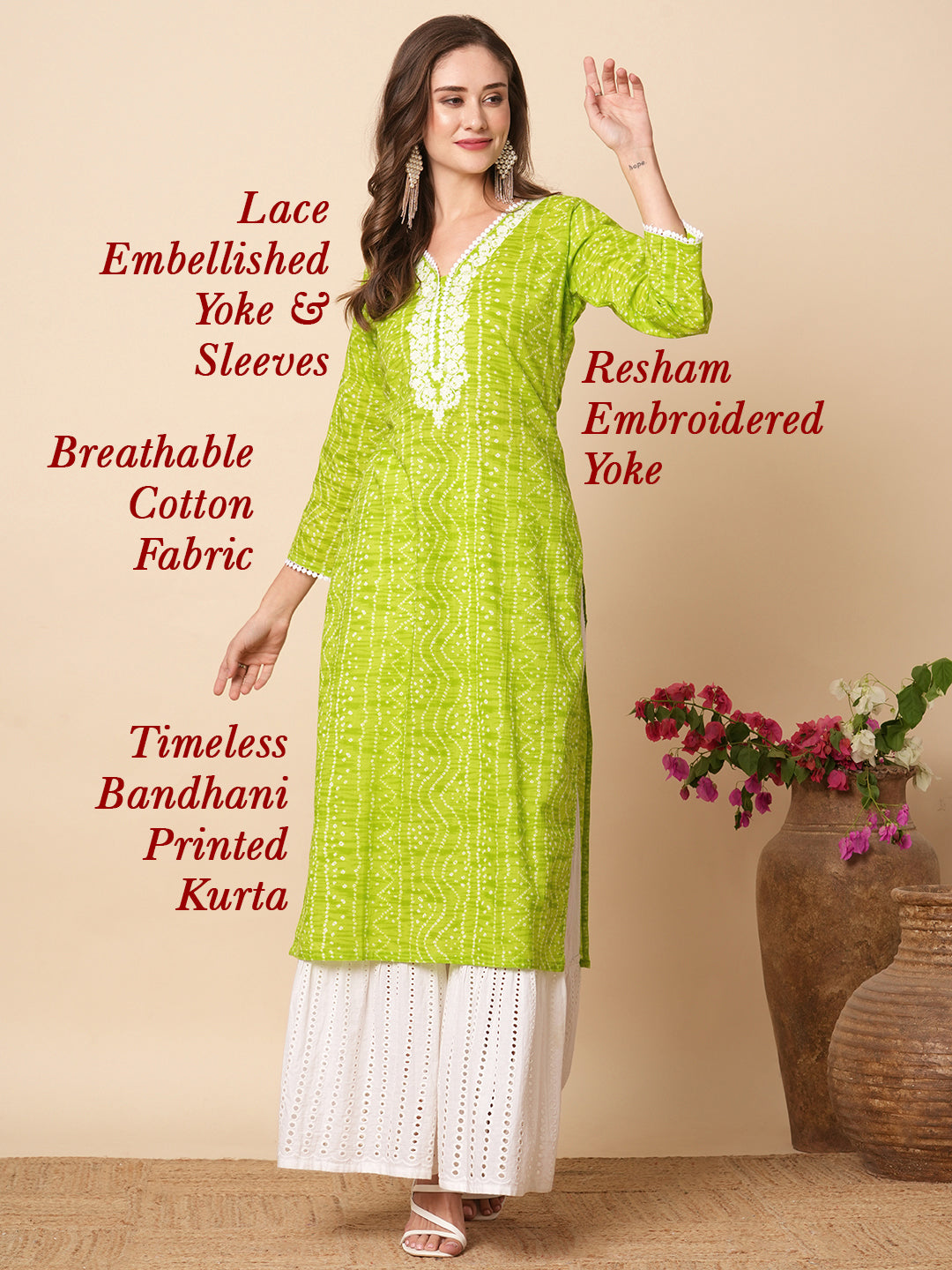 Ethnic Bandhani Style Printed Resham Embroidered Kurta - Lime Green