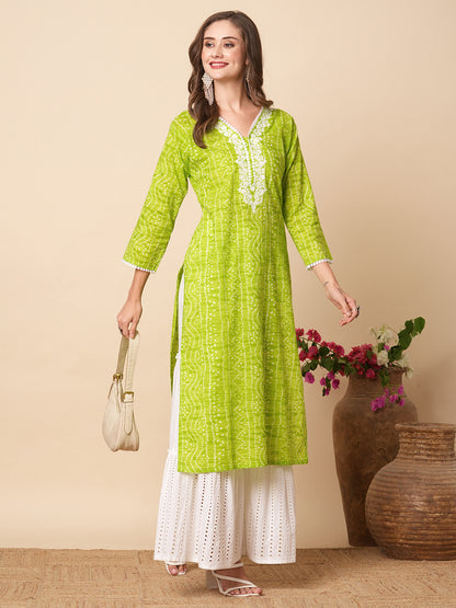 Ethnic Bandhani Style Printed Resham Embroidered Kurta - Lime Green