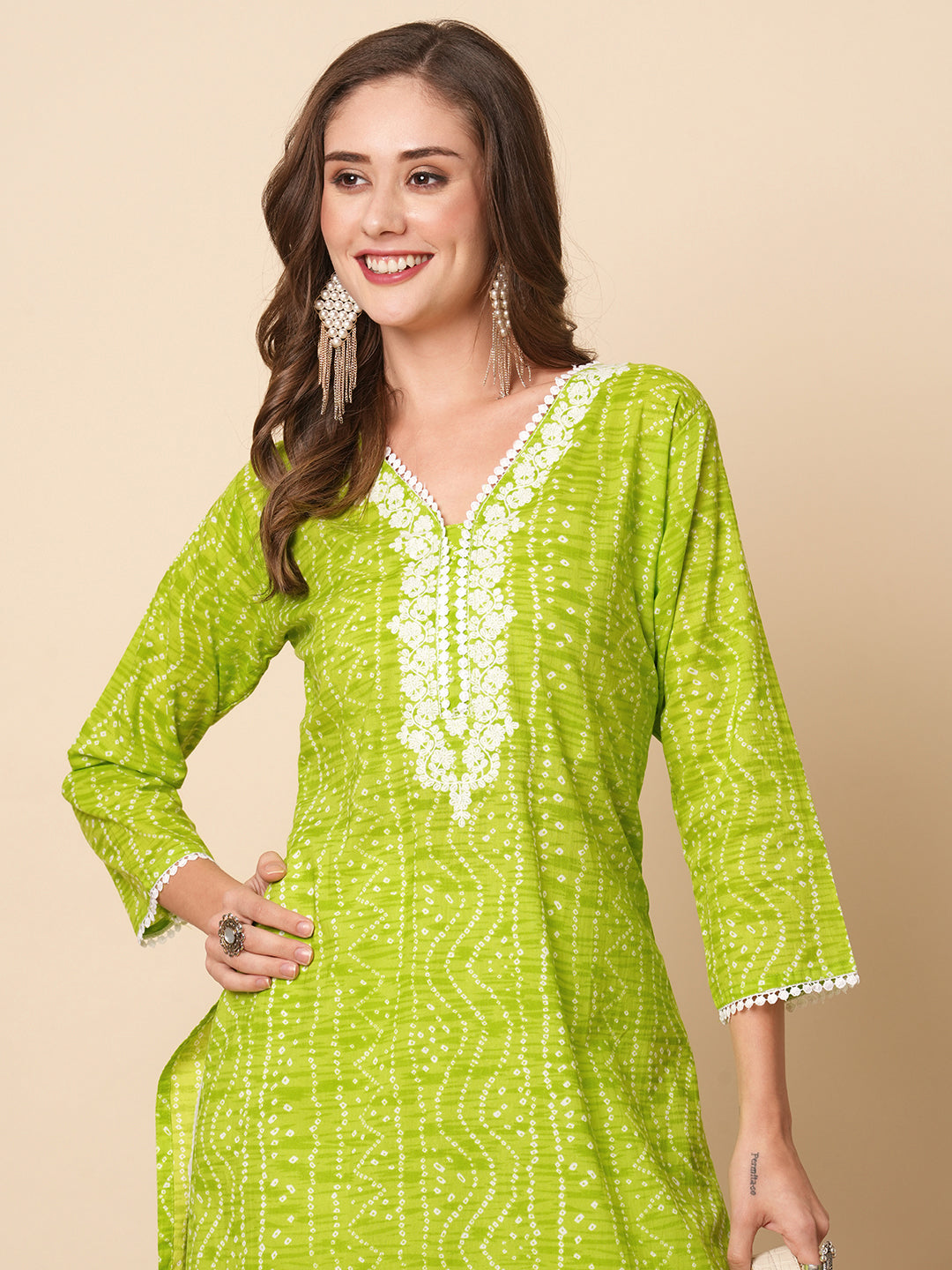 Ethnic Bandhani Style Printed Resham Embroidered Kurta - Lime Green