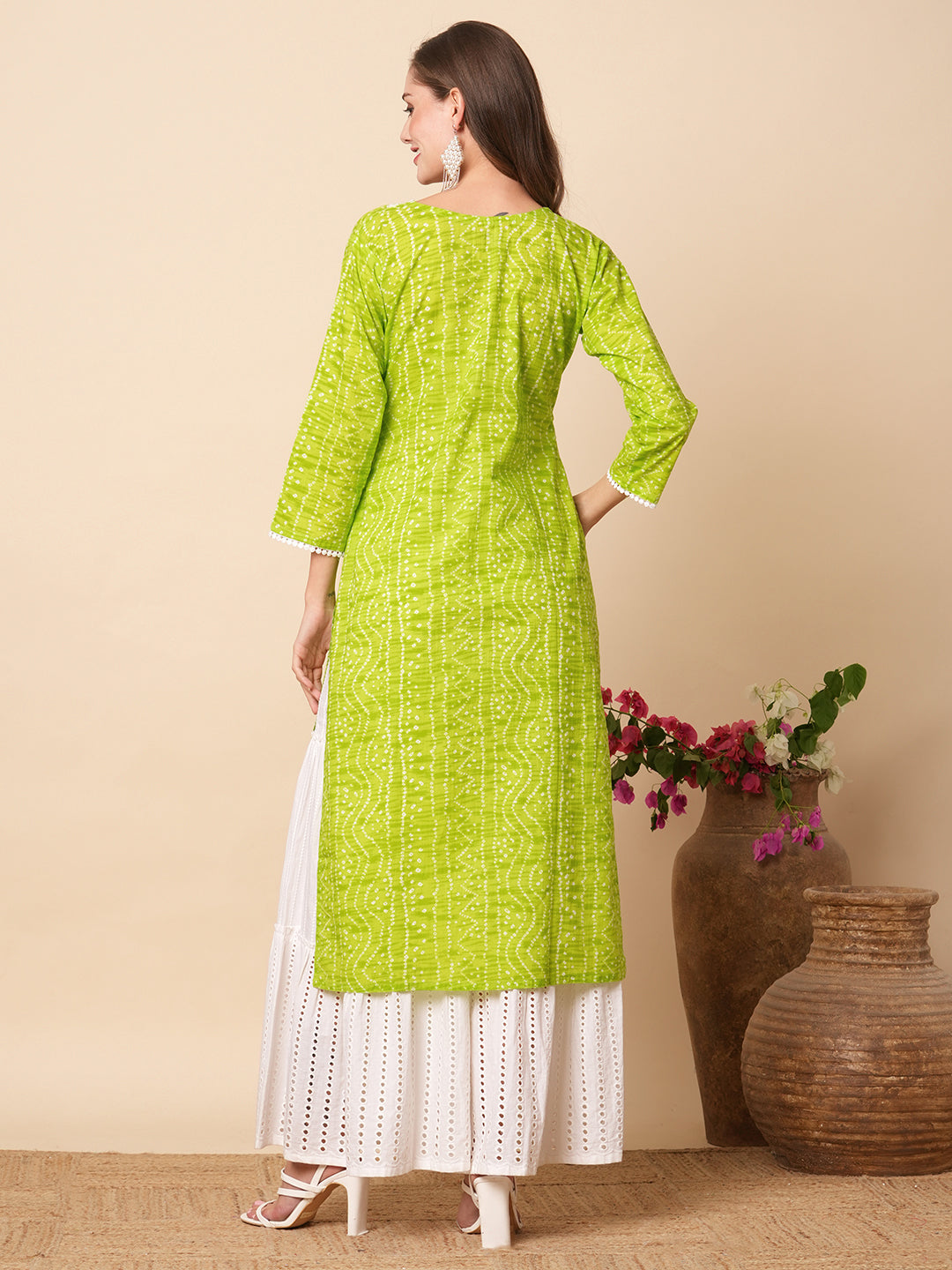 Ethnic Bandhani Style Printed Resham Embroidered Kurta - Lime Green