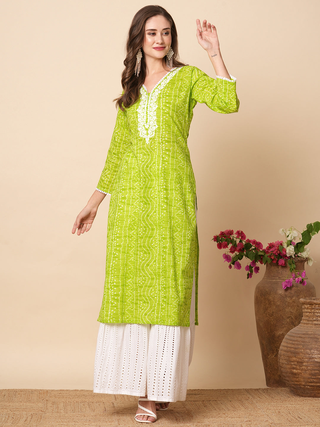 Ethnic Bandhani Style Printed Resham Embroidered Kurta - Lime Green