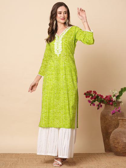 Ethnic Bandhani Style Printed Resham Embroidered Kurta - Lime Green