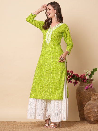 Ethnic Bandhani Style Printed Resham Embroidered Kurta - Lime Green