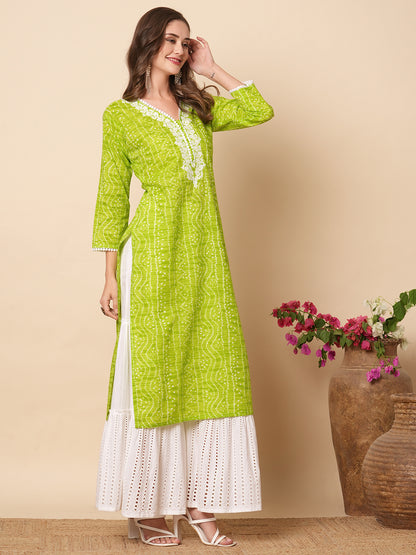 Ethnic Bandhani Style Printed Resham Embroidered Kurta - Lime Green