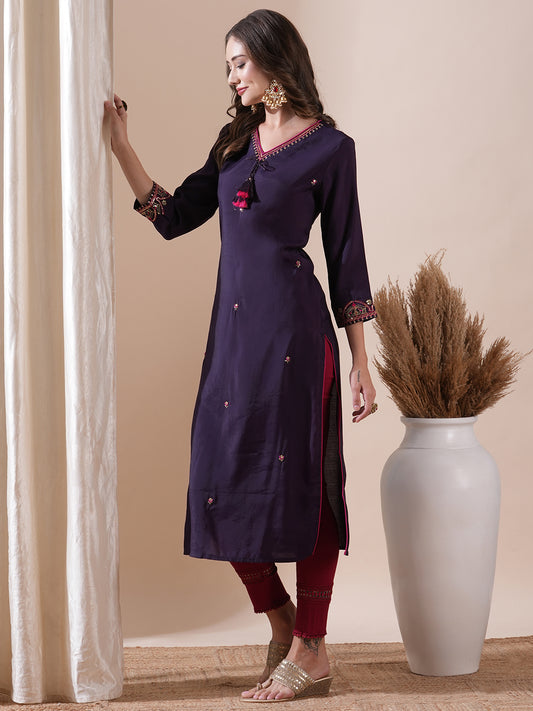 Solid Mirror, Beads, Zari, Sequins & Cudana Embroidered Kurta - Purple