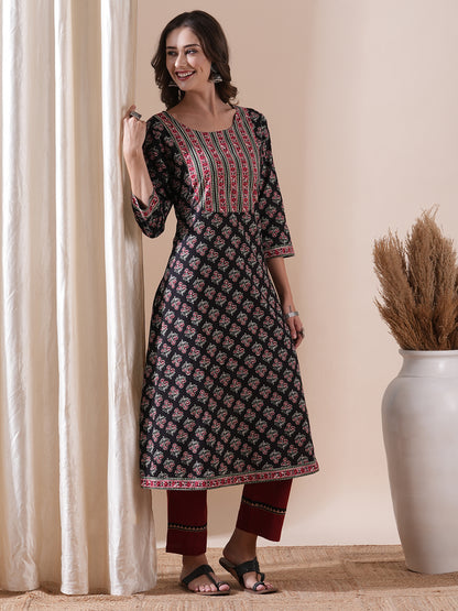 Floral & Ethnic Block Printed A-line Kurta - Black