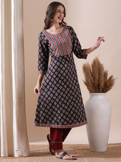 Floral & Ethnic Block Printed A-line Kurta - Black