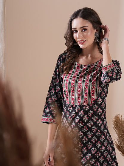 Floral & Ethnic Block Printed A-line Kurta - Black