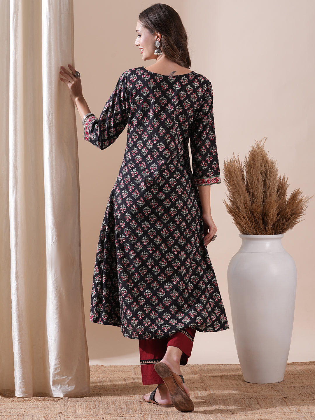 Floral & Ethnic Block Printed A-line Kurta - Black