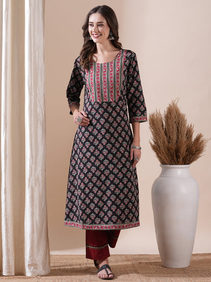 Floral & Ethnic Block Printed A-line Kurta - Black