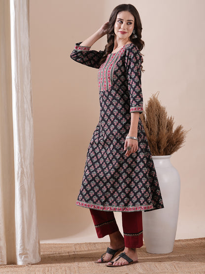 Floral & Ethnic Block Printed A-line Kurta - Black