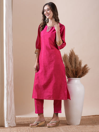 Solid Mirror, Zari & Applique Embroidered Kurta with Pants Set - Pink