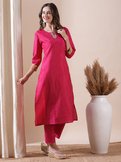 Solid Mirror, Zari & Applique Embroidered Kurta with Pants Set - Pink