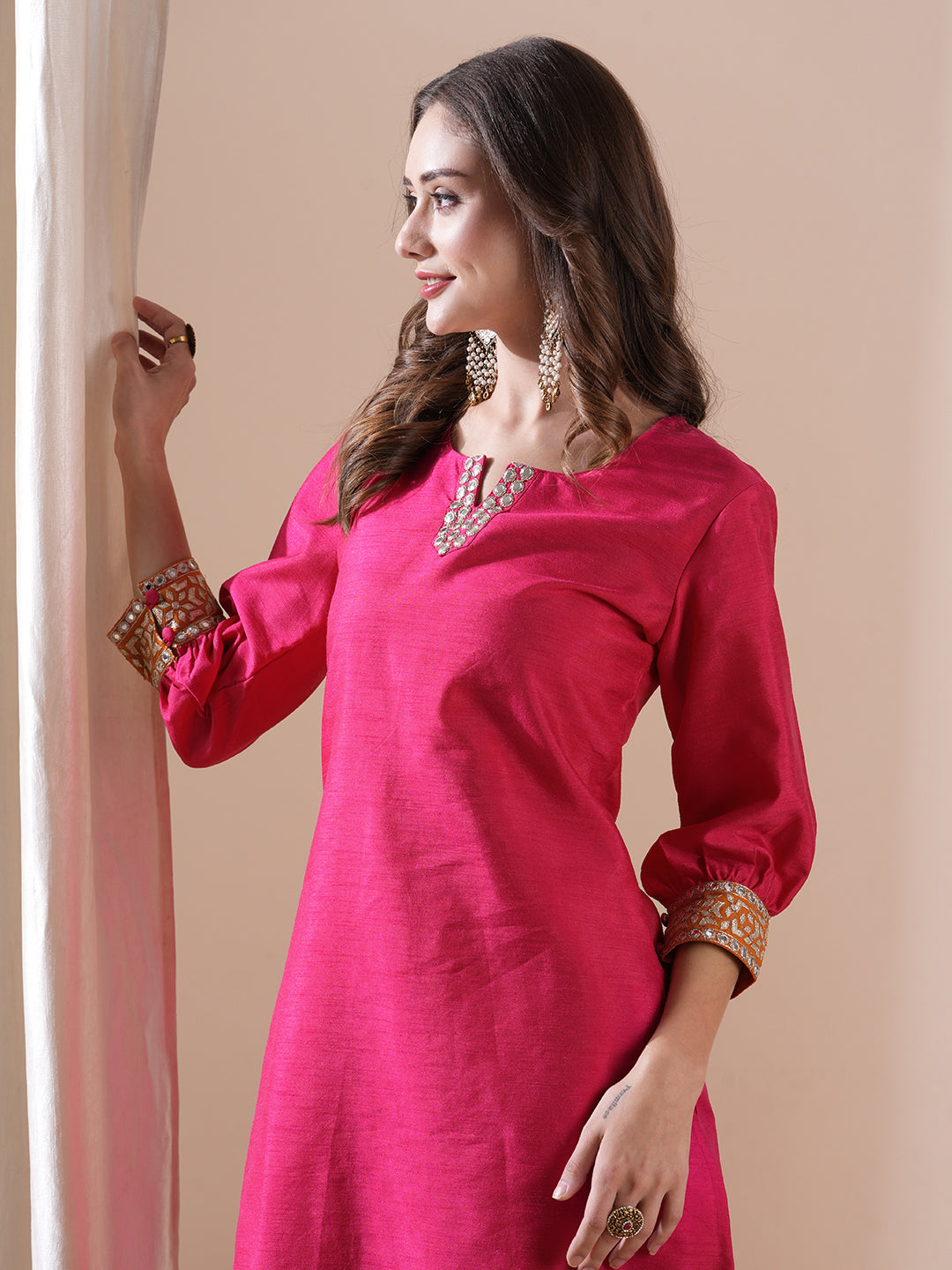 Solid Mirror, Zari & Applique Embroidered Kurta with Pants Set - Pink