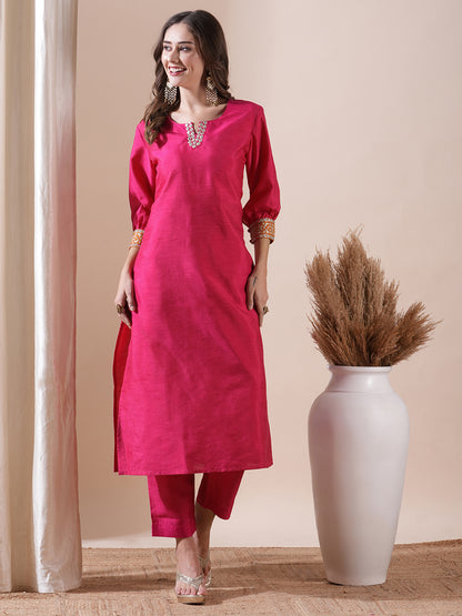 Solid Mirror, Zari & Applique Embroidered Kurta with Pants Set - Pink