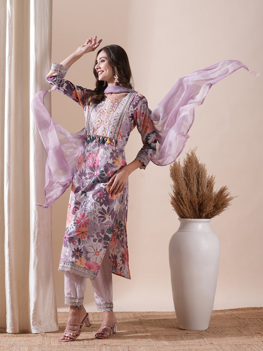 Floral Printed Mirror & Beads Embroidered Kurta with Pants & Dupatta - Multi