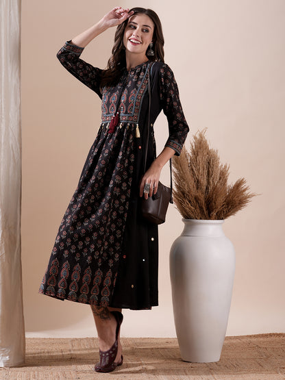 Floral Block Printed Mirror Embroidered Tasseled Midi Dress - Black