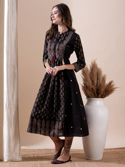 Floral Block Printed Mirror Embroidered Tasseled Midi Dress - Black