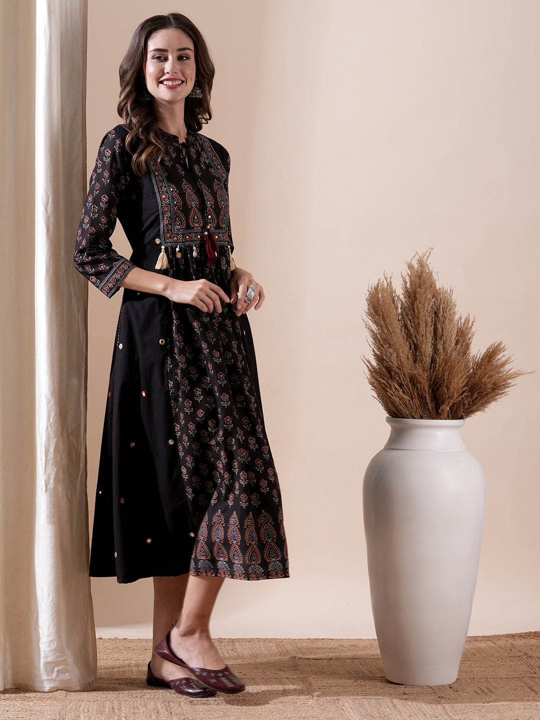 Floral Block Printed Mirror Embroidered Tasseled Midi Dress - Black