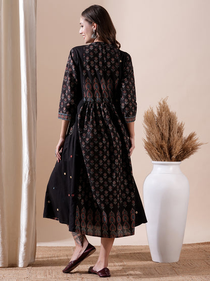 Floral Block Printed Mirror Embroidered Tasseled Midi Dress - Black