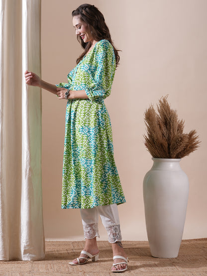 Abstract Printed Wooden Buttoned Pleated Front Kurta - Lime Green