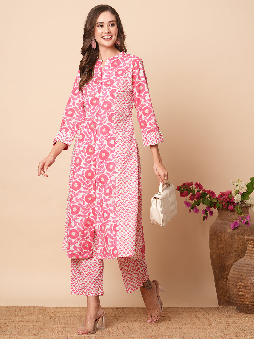 Floral Printed A-Line Paneled Kurta with Pant - Pink