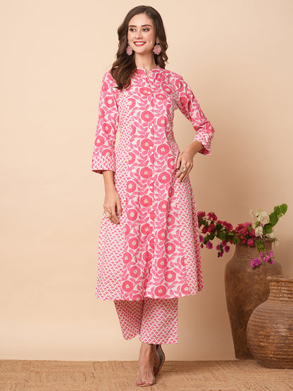 Floral Printed A-Line Paneled Kurta with Pant - Pink