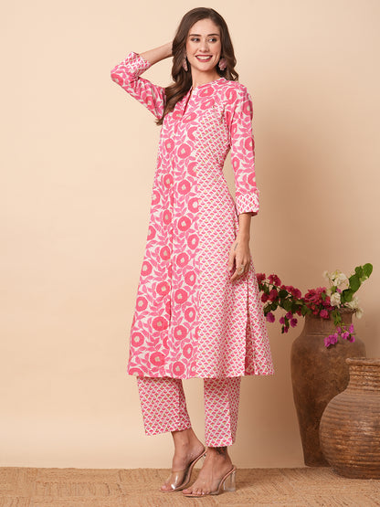 Floral Printed A-Line Paneled Kurta with Pant - Pink