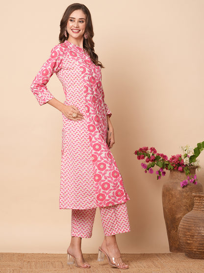 Floral Printed A-Line Paneled Kurta with Pant - Pink