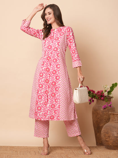 Floral Printed A-Line Paneled Kurta with Pant - Pink